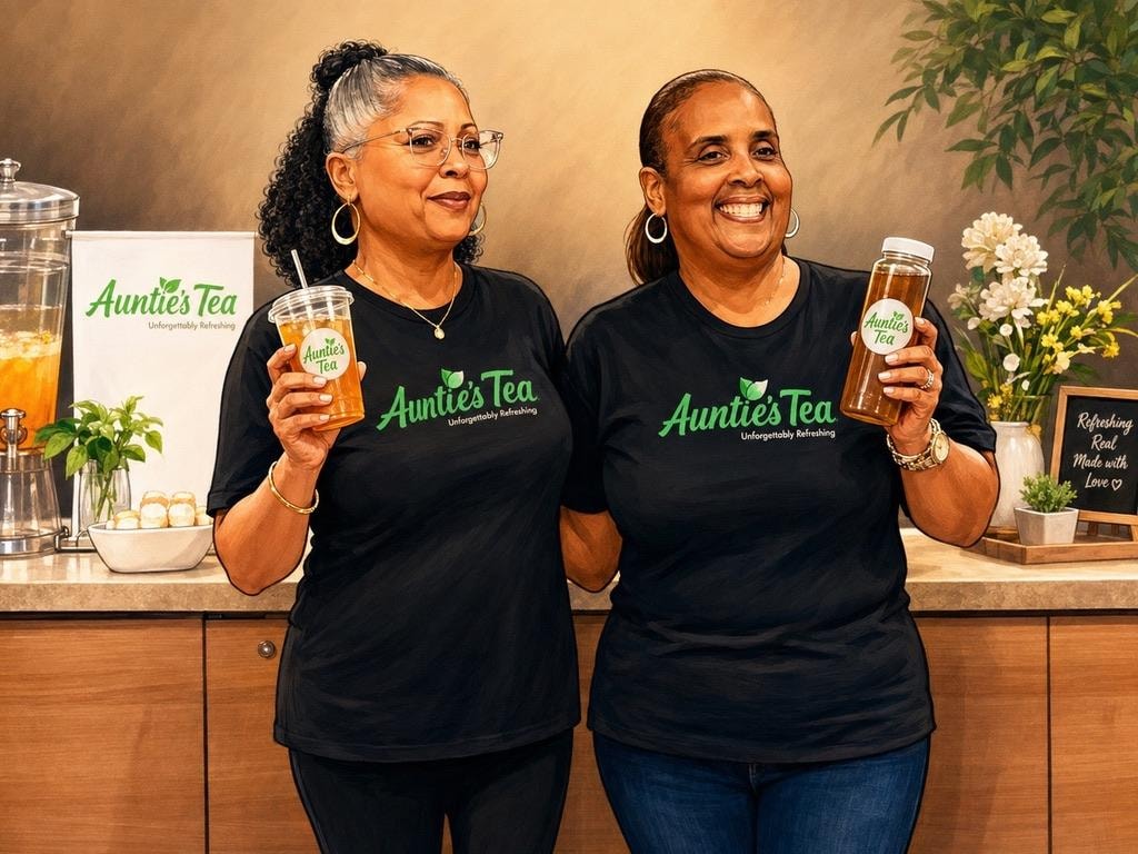 Julianne and Rozalind holding Auntie's Tea products